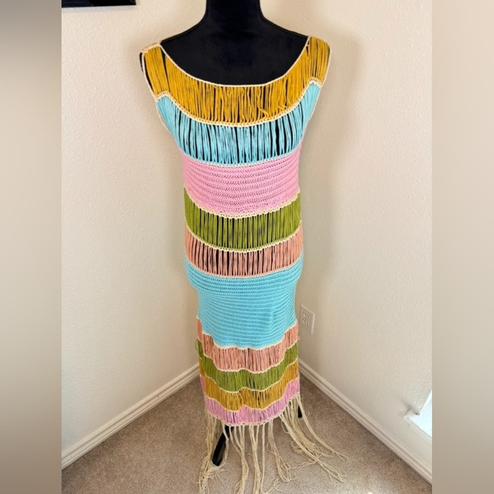 Multicolor Fringe Crochet Maxi Dress - Pastel Stripe